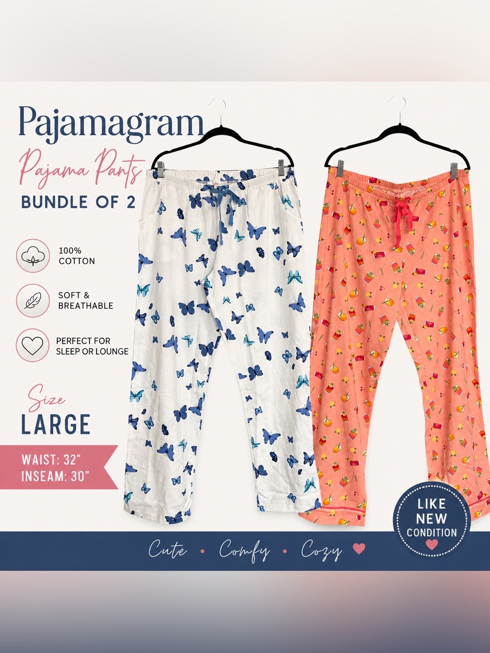 Pajamagram Lounge Pajama Pants Bundle of 2 Butterfly & Tropical print size Large